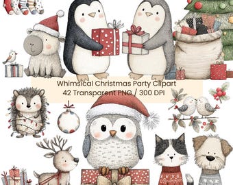 Clipart de animales navideños caprichosos: paquete PNG (descarga digital)