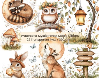 May include: Watercolor illustrations of forest animals and elements. Includes a raccoon on a crescent moon, an owl on a branch, a fox howling at the moon, a rabbit, mushrooms, butterflies, a lantern, and a signpost. Text: Watercolor Mystic Forest Magic Clipart.