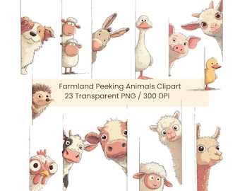 Funny Farm Peeking Animals Clipart Bundle | Whimsical Curious Farmland PNG Illustrations (Digital Download)