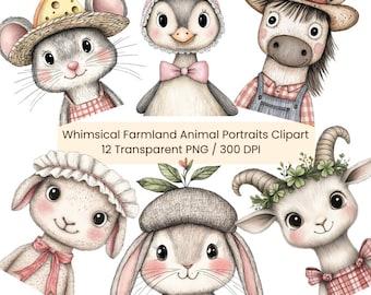 May include: Watercolor clipart featuring six whimsical farm animal portraits. A mouse with a cheese hat, a penguin in a bonnet, a horse in a cowboy hat, a lamb in a bonnet, a rabbit in a cap, and a goat with a floral crown. Text reads "Whimsical Farmland Animal Portraits Clipart".
