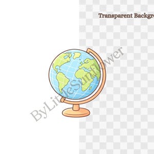 Pu&ograve; includere: Un mappamondo in stile cartone animato con continenti verde chiaro e oceani azzurri, sovrapposto da una griglia bianca. Il globo &egrave; montato su un supporto color sabbia con base circolare e braccio curvo. Il testo ByLittleSunflower &egrave; visibile.