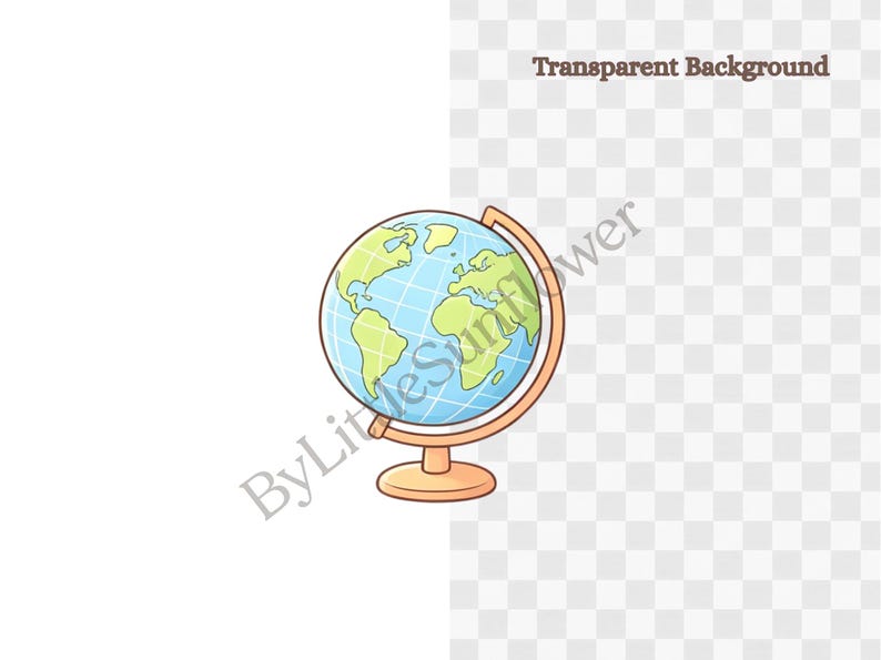 Pu&ograve; includere: Un mappamondo in stile cartone animato con continenti verde chiaro e oceani azzurri, sovrapposto da una griglia bianca. Il globo &egrave; montato su un supporto color sabbia con base circolare e braccio curvo. Il testo ByLittleSunflower &egrave; visibile.