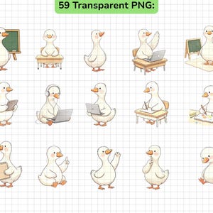 Pu&ograve; includere: Una collezione di 59 illustrazioni digitali raffiguranti anatre bianche in varie attivit&agrave; scolastiche, tra cui sedute ai banchi, utilizzo di computer portatili, scrittura su quaderni e in piedi accanto a una lavagna.