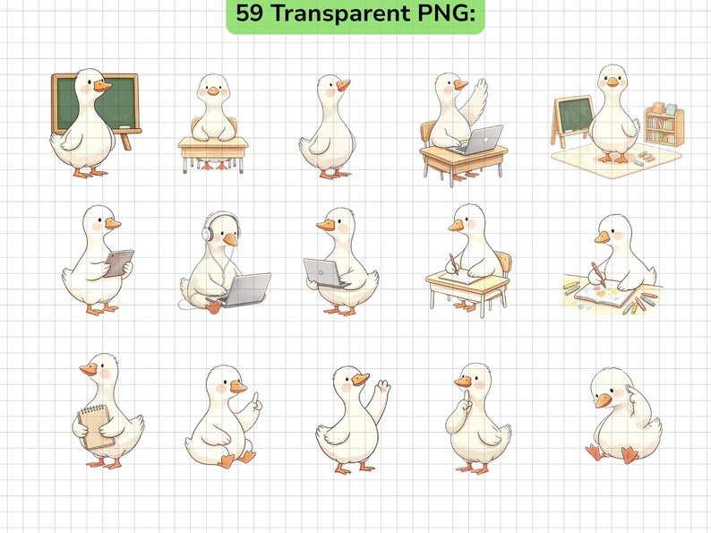 Pu&ograve; includere: Una collezione di 59 illustrazioni digitali raffiguranti anatre bianche in varie attivit&agrave; scolastiche, tra cui sedute ai banchi, utilizzo di computer portatili, scrittura su quaderni e in piedi accanto a una lavagna.
