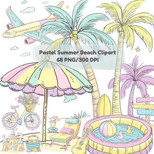 68 Clipart di spiaggia estiva in acquerello pastello - Illustrazioni di vacanze estive, piscina, palme, bici, viaggi, PNG tropicali, download digitale