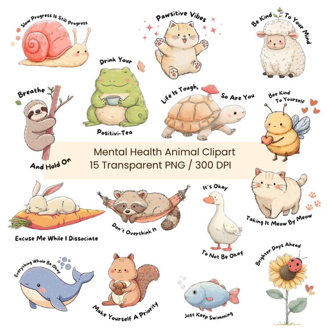 Mental Health Animal Clipart Bundle | Self Care PNG (digital Download ...