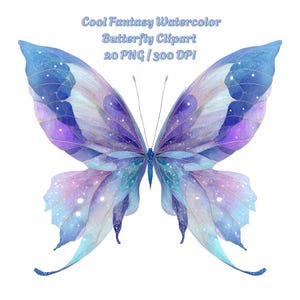 20 cliparts de papillons aquarelle fantastiques - ailes célestes mystiques dans des tons froids - PNG bleu glacial, lilas, sarcelle pour journal et scrapbooking