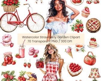 Clipart de fresas en acuarela: Chicas de jardín estilo cottagecore, postres (descarga digital)