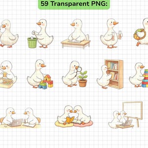 Pu&ograve; includere: Una collezione di 59 illustrazioni digitali raffiguranti anatre bianche in stile cartoon impegnate in varie attivit&agrave; scolastiche e di gioco, tra cui leggere, usare un portatile, giocare con blocchi da costruzione e interagire con materiale scolastico.