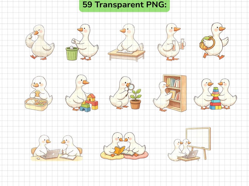 Pu&ograve; includere: Una collezione di 59 illustrazioni digitali raffiguranti anatre bianche in stile cartoon impegnate in varie attivit&agrave; scolastiche e di gioco, tra cui leggere, usare un portatile, giocare con blocchi da costruzione e interagire con materiale scolastico.