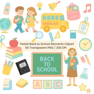 May include: A collection of pastel-colored back-to-school clipart elements. Includes a yellow school bus, children with backpacks, books, a chalkboard with "BACK TO SCHOOL" text, and various school supplies. The image also features the text "Pastel Back to School Elements Clipart".