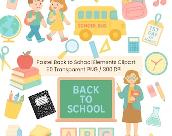 Pastel School Clipart: Back to School Elements, Flashcards (50 PNGs, Digital Download)