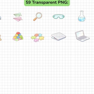 Pu&ograve; includere: Una collezione di illustrazioni digitali che include un libro blu, aeroplanini di carta, una lente d'ingrandimento, occhiali protettivi, vetreria da laboratorio, blocchi da costruzione colorati, pezzi di puzzle, un tablet e un portatile, etichettati 59 Transparent PNG.