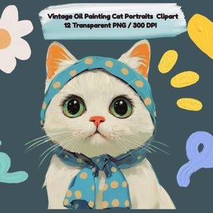 12 elegante kattenillustraties in olieverfschilderijstijl – artistieke kattenportretten met hoeden en accessoires Digitale png-download - vintage kattenillustraties