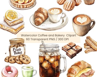 Watercolor Coffee & Bakery Clipart: Cozy Cafe Illustrations (Digital Download)