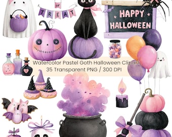 Pastel Goth Halloween Clipart: Watercolor Ghosts, Cats, Pumpkins (PNG Digital Download)