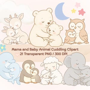 21 imágenes prediseñadas de animales abrazados de madre y bebé, adorables imágenes pastel para el Día de la Madre, imágenes prediseñadas de animales lindos, uso comercial, descarga digital PNG