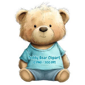 12 Cute Teddy Bear Clipart – Minimalist Watercolor Bear in Blue Shirt, Adorable Plush Animal with Balloon, Book, Toy, Whimsical Cartoon PNG
