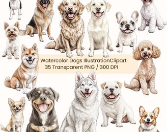 Watercolor Dog Clipart – 35 Puppy Illustrations, Pet Graphics (Digital Download)