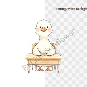 Pu&ograve; includere: Un'illustrazione digitale di un anatroccolo bianco con zampe arancioni e becco giallo seduto a un banco di scuola in legno marrone chiaro. L'anatroccolo ha piccoli occhi neri e guance rosa. Il testo ByLittleSunflower &egrave; visibile sull'immagine.