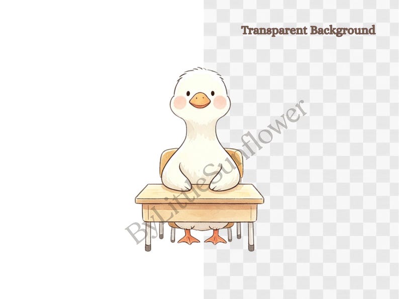 Pu&ograve; includere: Un'illustrazione digitale di un anatroccolo bianco con zampe arancioni e becco giallo seduto a un banco di scuola in legno marrone chiaro. L'anatroccolo ha piccoli occhi neri e guance rosa. Il testo ByLittleSunflower &egrave; visibile sull'immagine.