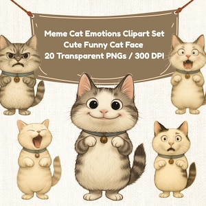 20 zabawnych memów kot emocje clipart zestaw, twarz kota png do pobrania cyfrowego, słodkie ekspresyjne clipart kota, wyrażenia, kreskówkowy kot mem