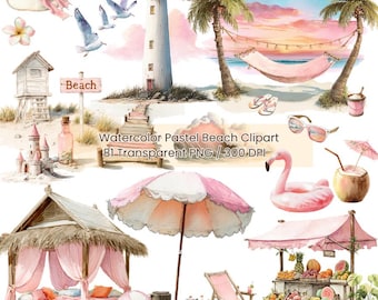 Pastel Beach Clipart: Watercolor Summer Elements PNGs (Digital Download)
