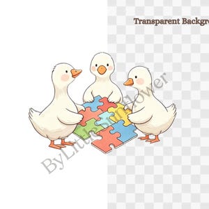 Pu&ograve; includere: Un'illustrazione digitale di tre anatre bianche con becchi e zampe arancioni, in piedi insieme mentre compongono un puzzle colorato. I pezzi del puzzle sono rossi, blu, verdi e gialli. Il testo ByLittleFlower &egrave; visibile nell'immagine.