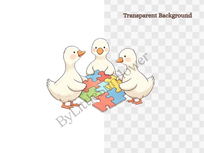 Pu&ograve; includere: Un'illustrazione digitale di tre anatre bianche con becchi e zampe arancioni, in piedi insieme mentre compongono un puzzle colorato. I pezzi del puzzle sono rossi, blu, verdi e gialli. Il testo ByLittleFlower &egrave; visibile nell'immagine.