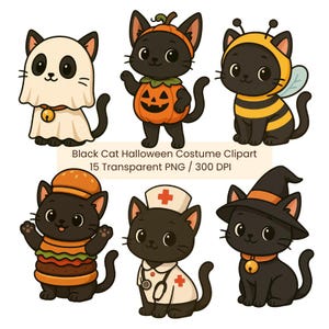 Halloween Black Cat Clipart: Costume Party PNG Illustrations (Digital Download)