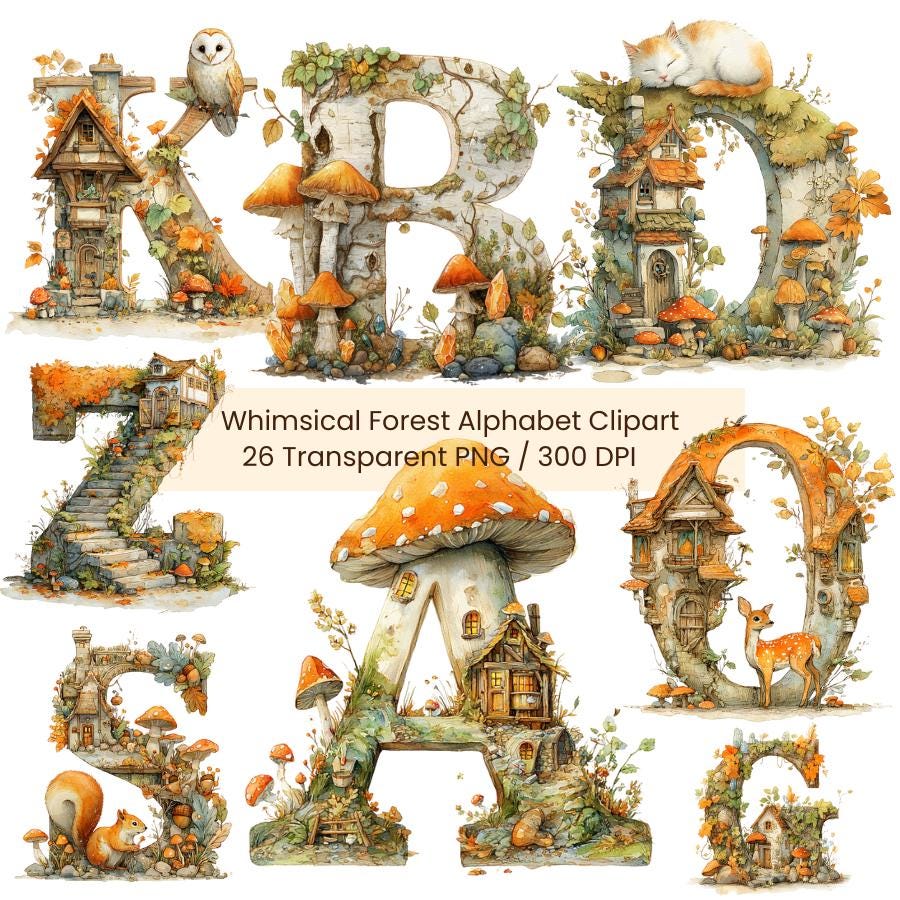 Watercolor Forest Alphabet Clipart: Woodland Animals, Autumn Leaves ...