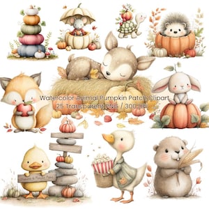 May include: Watercolor clipart featuring adorable animals and pumpkins. Includes a sleeping deer, a mouse under an umbrella, a fox with an apple, a duck with popcorn, and a bunny on a pumpkin. The text reads "Watercolor Animal Pumpkin Patch Clipart".