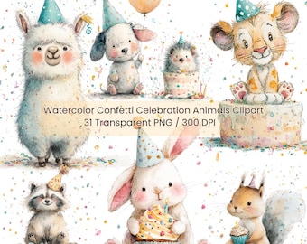 May include: Watercolor clipart featuring various animals, including a llama, dog, hedgehog, lion, raccoon, rabbit, and squirrel, all wearing party hats. The image includes confetti and text: "Watercolor Confetti Celebration Animals Clipart 31 Transparent PNG / 300 DPI."