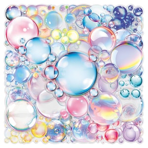 May include: A collection of translucent, spherical bubbles in various sizes, featuring a spectrum of colors including pink, blue, yellow, and purple. The bubbles display iridescent surfaces with light reflections and gradients, creating a layered, circular pattern across the square composition.