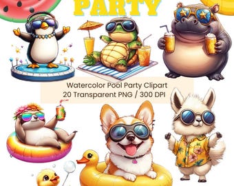 Summer Pool Party Animals Clipart Bundle: Tropical PNG Graphics (Digital Download)