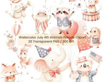 Watercolor 4th of July Animal Parade Clipart: Patriotic PNG Set (Digital Download)