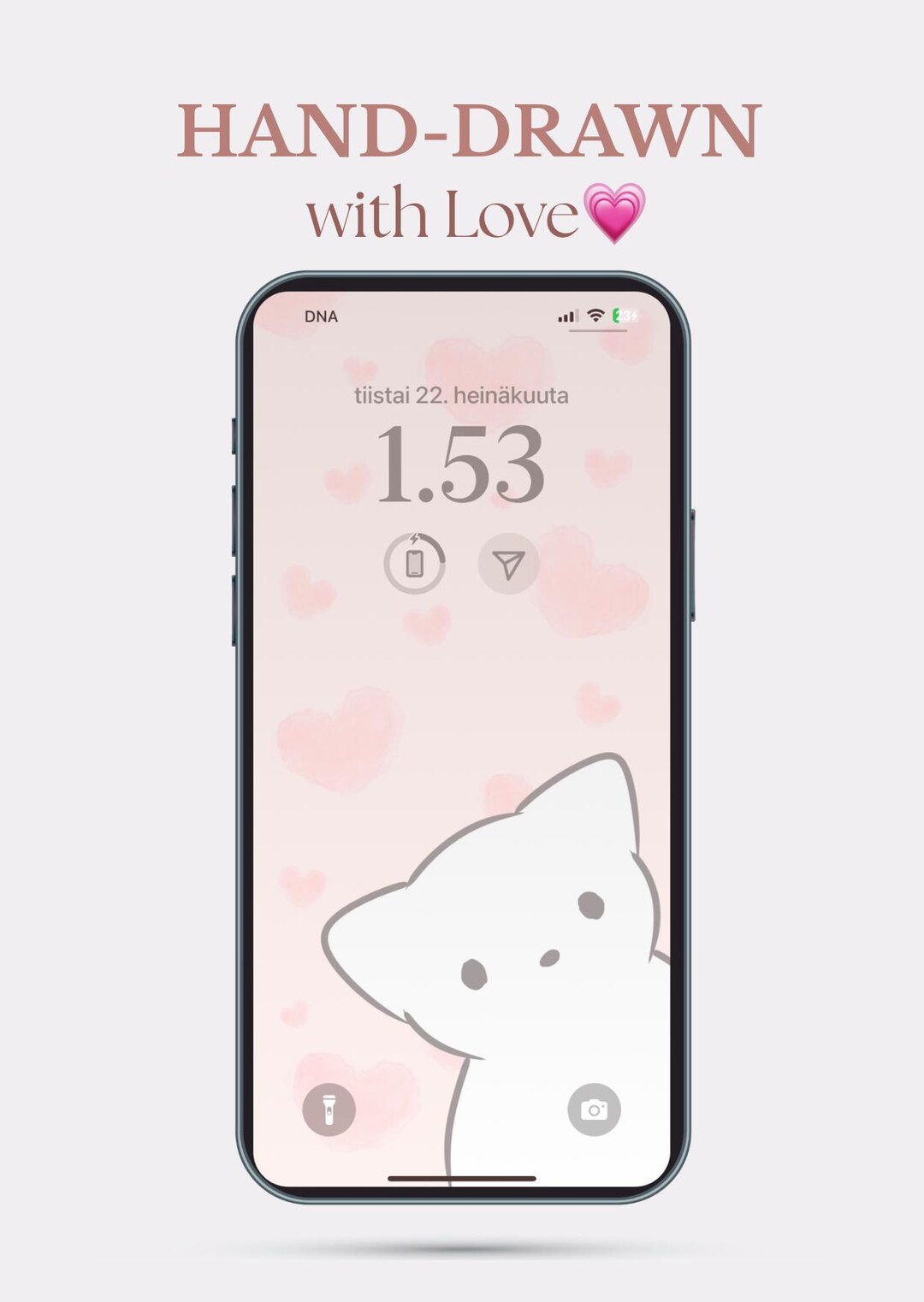 Pink Cat Phone Wallpaper – Hand-drawn Digital Lock Screen – Cute ...