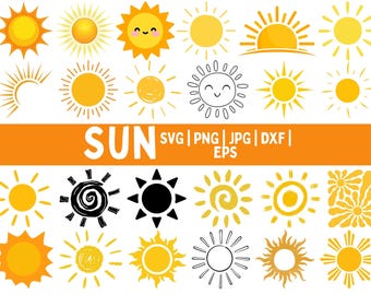 May include: A collection of sun illustrations in various styles and colors, including yellow, orange, and black. The word "SUN" is displayed in large white letters on an orange banner, with file format options below.