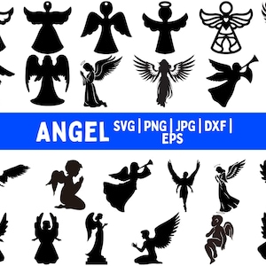 Op de afbeelding: Een verzameling zwarte engelen silhouetten in verschillende poses, waaronder engelen met halo's, trompetten en uitgestrekte vleugels. Het woord "ANGEL" staat in witte tekst op een blauwe banner, met bestandstype afkortingen.