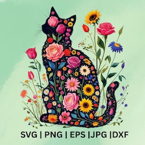 Flower Cat Png, Sublimation Design, Wildflowers Png, Cat Lover Png, Kitten Png, Trendy Png, T-Shirt Design, Instant Download Png, DTF