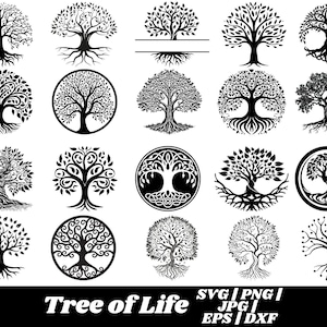 Op de afbeelding: Een verzameling zwart-wit levensboomontwerpen in verschillende stijlen. De afbeeldingen bevatten gedetailleerde illustraties van bomen met ingewikkelde wortelstelsels en takken, sommige binnen cirkels. De tekst "Tree of Life" staat onderaan, samen met bestandstype-opties.