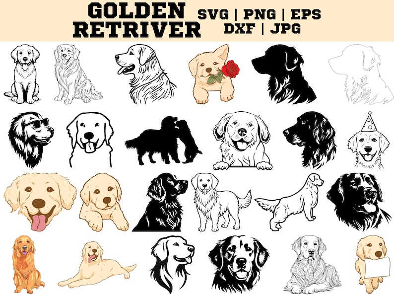 Golden Retriever SVG PNG Bundle: Hand-drawn Dog Clipart (digital ...