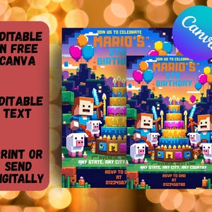 Trending Birthday Party Invitation Canva Template, Birthday Invite, Gamer Birthday Card Template, Canva Gamer Birthday Invitation Png
