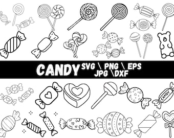 Puede incluir: Ilustraciones en blanco y negro de varios dulces, incluyendo piruletas, caramelos envueltos y un osito de goma. La palabra "CANDY" se muestra en letras grandes y en negrita encima de las ilustraciones de caramelos, junto con abreviaturas de tipo de archivo.