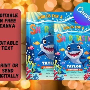 Editable Shark Birthday Invitation Template: Ocean Theme (Digital Download 5x7 in Canva)