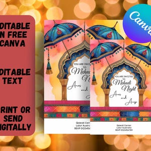 Editable Colorful Mehndi Invitation Template | Orange Umbrella Haldi Dholki Mayoun Invite | Canva Template for Digital Download