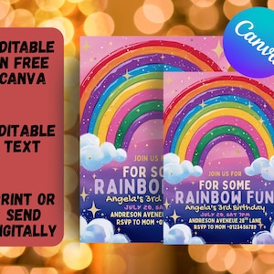 Plantilla de invitación de cumpleaños con purpurina arcoíris: invitación electrónica editable de Canva (descarga digital, 5 x 7 pulgadas)
