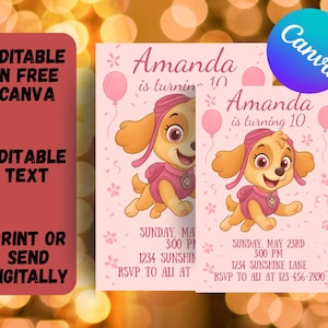 Editable Skye Birthday Invitation | Girl Paw Puppy Party Template | Pink Paw Digital Invite | Puppy Paw Patrol Printable Canva Template
