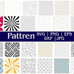 May include: A collection of various geometric and abstract patterns in black, white, red, and yellow. The image includes a dark blue banner with the word "Pattren" and file type abbreviations: SVG, PNG, EPS, DXF, and JPG.
