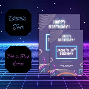 Blue Silver 18th Birthday Invitation Template, Editable Eighteen Party Invite for Him or Her, Digital Canva, Neon birthday teenager invite